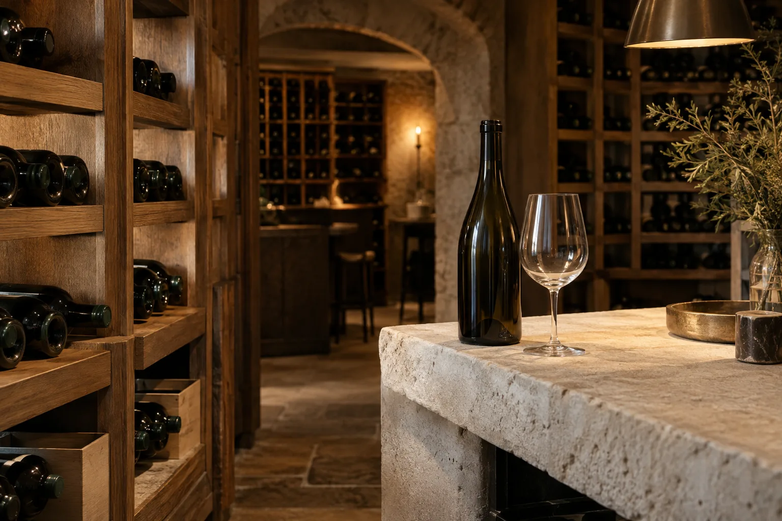 Wine bottles arranged in a cellar