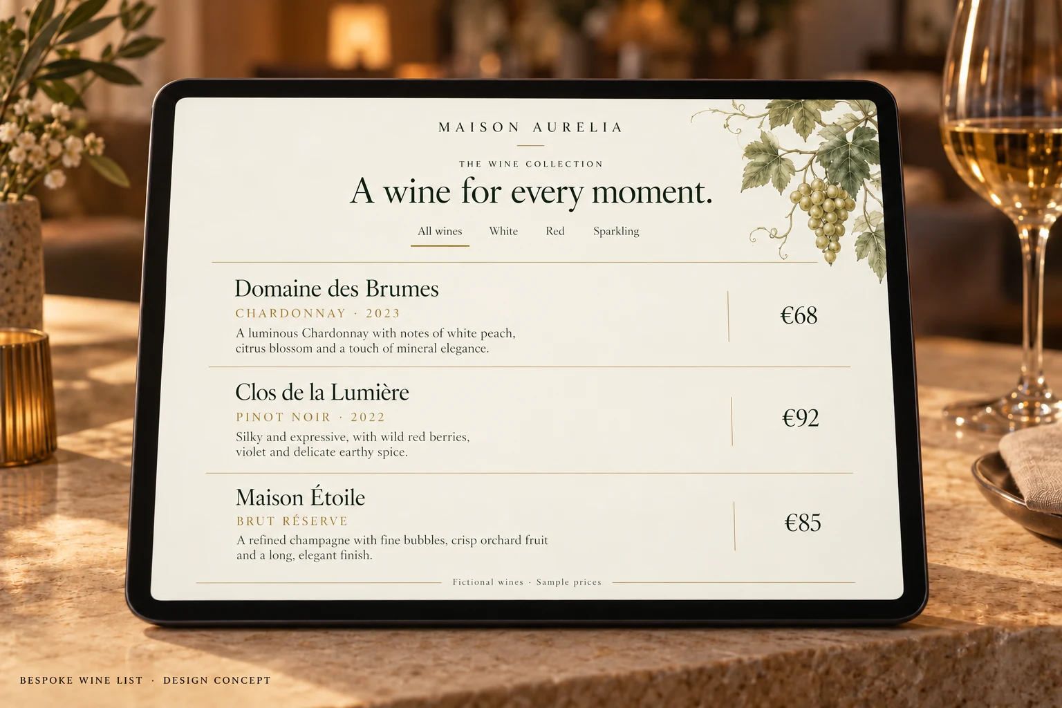 Bespoke wine-list design concept on a tablet for fictional Maison Aurelia