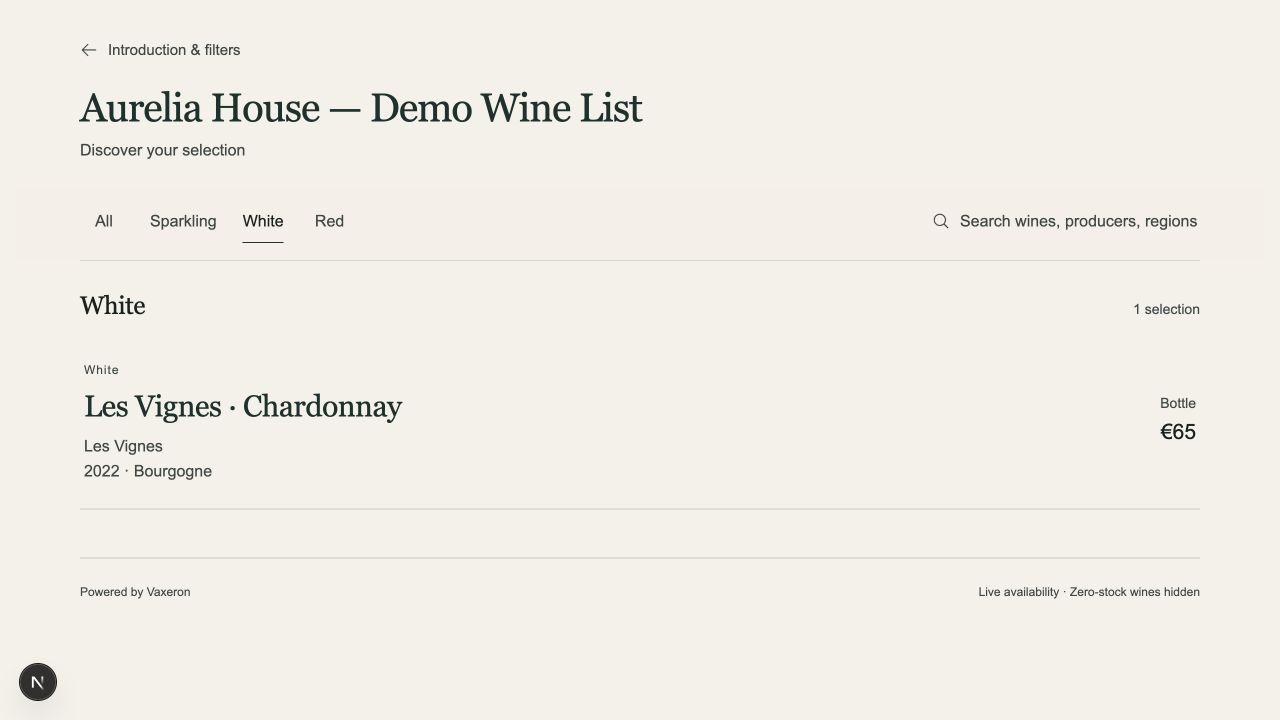 Wine selection — real Vaxeron screen with fictional test data