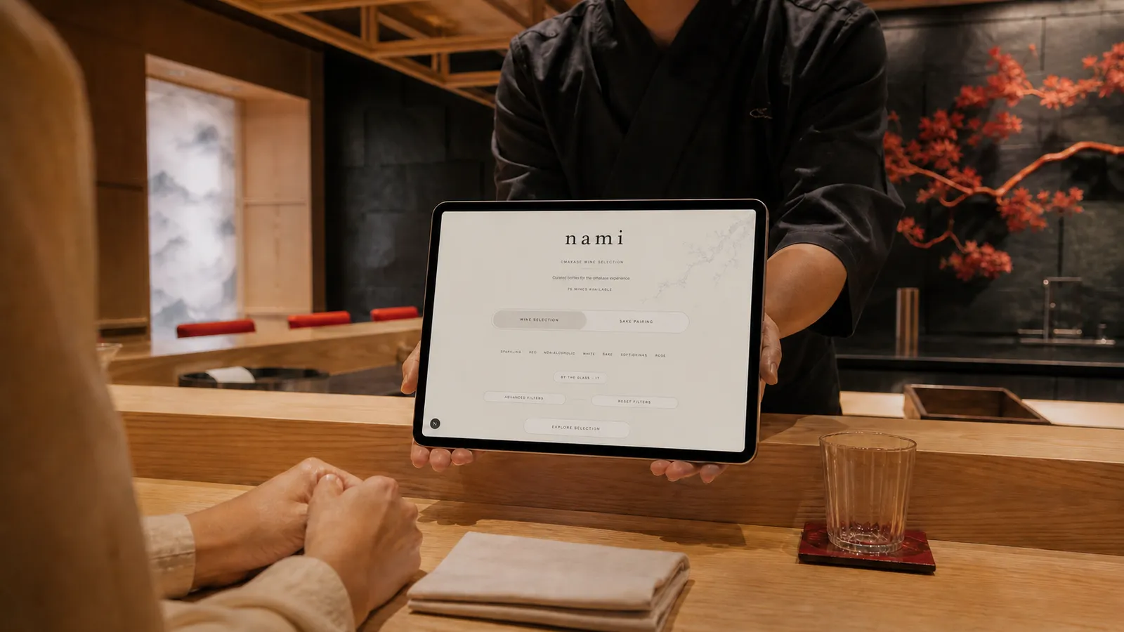 Illustrative digital wine list presented on a tablet