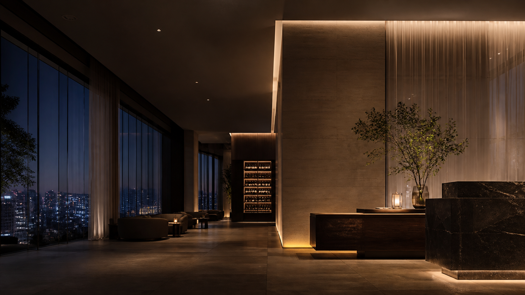 A refined contemporary hospitality arrival at night